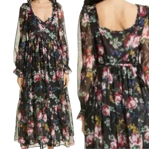 ByTiMo Floral Wrap Bodice Long Sleeve Chiffon Dress in Rose Field - Picture 1 of 14